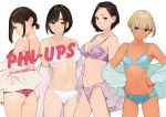  4girls :3 aqua_bra aqua_panties armpits ass ass_visible_through_thighs bangs black_eyes black_hair blonde_hair blue_eyes blunt_bangs bra breasts brown_eyes brown_hair cleavage collarbone commentary commentary_request cowboy_shot dark-skinned_female dark_skin douki-chan_(douki-chan) earrings eyebrows_visible_through_hair floral_print foreground_text ganbare_douki-chan hair_behind_ear highres intern_(douki-chan) jewelry kouhai-chan_(douki-chan) lace lace-trimmed_bra lace-trimmed_panties lace_bra lace_panties lace_trim looking_at_viewer looking_back medium_breasts mole mole_on_thigh multiple_girls nail_polish navel necklace off-shoulder_shirt off_shoulder open_clothes open_shirt panties parted_bangs parted_lips purple_bra purple_panties red_bra red_panties seductive_smile senpai-san_(douki-chan) shiny shiny_hair shirt short_hair short_ponytail simple_background skindentation small_breasts smile standing thick_eyebrows thighs translation_request underwear white_background white_bra white_panties yomu_(sgt_epper) 