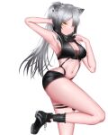  1girl absurdres animal_ears arknights arm_up armpits bangs bare_arms bare_legs bare_shoulders black_footwear black_scarf black_shorts breasts cat_ears cleavage commentary crop_top eyebrows_visible_through_hair highres kafu_(kafu6416) large_breasts long_hair looking_at_viewer midriff navel ponytail scarf schwarz_(arknights) shoes short_shorts shorts silver_hair simple_background smile solo standing standing_on_one_leg stomach thigh_strap thighs very_long_hair white_background yellow_eyes 