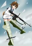  1girl absurdres animal_ears bangs black_neckerchief blouse blue_sailor_collar brown_eyes brown_hair cloud cloudy_sky commentary dog_ears dog_tail drum_magazine flying full_body gun heavy_machine_gun highres holding holding_gun holding_weapon leaning_forward long_sleeves looking_at_viewer machine_gun magazine_(weapon) miyafuji_yoshika neckerchief no_pants open_mouth outdoors sailor_collar short_hair sky smile solo strike_witches striker_unit tail turkeysand_(fernandear_504) type_99_cannon weapon white_blouse world_witches_series 