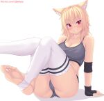  animal_ears bangs bare_shoulders black_gloves blonde_hair blush breasts cameltoe cat_ears cat_girl cleavage commentary english_commentary eyebrows_visible_through_hair feet fingerless_gloves gloves grey_sports_bra highres large_breasts legs long_hair nottytiffy original parted_lips patreon_username red_eyes shadow simple_background sitting slit_pupils soles solo sports_bra thighhighs thighs tiffy_(nottytiffy) watermark web_address white_background white_legwear 