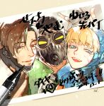  1girl 2boys \m/ apex_legends black_headwear blonde_hair blue_eyes brown_eyes brown_hair crypto_(apex_legends) eyebrows_visible_through_hair fingerless_gloves gloves goggles jacket looking_at_viewer marker mask mouth_mask multiple_boys octane_(apex_legends) open_mouth parted_hair photo_(object) scar scar_on_cheek scar_on_face sentinel_ga_koku_ni_aru smile wattson_(apex_legends) white_gloves white_jacket 
