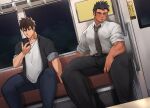  2boys bara bellsaltr belt biceps blush brown_eyes brown_hair cellphone collared_shirt couch facial_hair ground_vehicle hand_on_back hand_on_thigh highres jacket jewelry long_sideburns male_focus multiple_boys necklace necktie night night_sky open_clothes open_jacket original pants pectorals phone ring saliva saliva_trail shirt short_sleeves sideburns sitting sky sleeping solo spread_legs stubble t-shirt tan thick_arms thick_eyebrows thick_thighs thighs tight train train_interior 