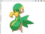  4:3 ambiguous_gender azre biped feral green_body hi_res holding_tail leaf_tail nintendo pok&eacute;mon pok&eacute;mon_(species) rear_view red_eyes simple_background snivy solo video_games white_background white_body yellow_body 
