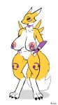  anthro avioylin bandai_namco big_breasts breasts choker digimon digimon_(species) digitigrade female genitals hand_on_hip hi_res jewelry looking_at_viewer mature_female necklace nipple_piercing nipple_ring nipples piercing pussy renamon simple_background solo standing thick_thighs 