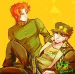  2boys arm_rest black_hair brown_eyes chain earrings gakuran jewelry jojo_no_kimyou_na_bouken kakyoin_noriaki kujo_jotaro long_coat lying male_focus multiple_boys on_side red_hair school_uniform stardust_crusaders tianel_ent 