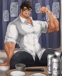  1boy alcohol bara bed beer beer_can bellsaltr biceps black_eyes black_hair blush building buttons can collared_shirt cup curtains fang flexing glasses highres kanji long_sideburns male_focus manly mature_male muscular muscular_male on_bed original pants pectoral_cleavage pectorals plate pose shirt sideburns sitting sitting_on_bed smile solo speech_bubble spiked_hair table tan text_focus thick_arms thick_eyebrows thick_thighs thighs tight 