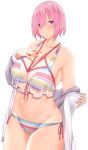  1girl arind_yudha bangs bare_shoulders bikini breasts cleavage collarbone fate/grand_order fate_(series) grey_jacket hair_over_one_eye highres jacket large_breasts light_purple_hair long_sleeves looking_at_viewer mash_kyrielight mash_kyrielight_(swimsuit_of_perpetual_summer_ver.02) multicolored_bikini multicolored_clothes navel off_shoulder open_clothes open_jacket purple_eyes rainbow_bikini see-through short_hair smile solo striped striped_bikini swimsuit thighs 