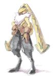  anthro bandai_namco bottomwear clothing digimon digimon_ghost_game fur gloves handwear hi_res lagomorph leporid long_ears male mammal pants ponytail_ears rabbit shirtless small_waist solo symbareangoramon tumugiv yellow_body yellow_fur 