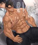  2boys abs bara bed bellsaltr biceps black_eyes black_hair blush closed_eyes collared_shirt couple curtains fang glasses grabbing hand_on_thigh highres large_pectorals male_focus manly mature_male multiple_boys muscular muscular_male navel navel_hair on_bed open_mouth original pants pectoral_grab pectoral_squeeze pectorals pillow shirt sitting sitting_on_bed sitting_on_lap sitting_on_person smile speech_bubble spiked_hair spread_legs sweat sweatdrop text_focus thick_arms thick_eyebrows thick_thighs thighs tight topless topless_male yaoi 