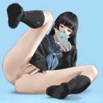  1girl anus ass bangs black_eyes black_hair black_sweater blue_background blue_neckerchief blunt_bangs cellphone covered_mouth covering covering_crotch female_masturbation highres hime_cut hiramedousa holding holding_phone kneehighs long_hair long_sleeves looking_at_phone masturbation mole mole_on_ass neckerchief no_legwear no_shoes original phone realistic sailor_collar simple_background sitting smartphone solo spread_legs straight_hair sweater thighs uncensored 