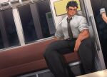  1boy bara bellsaltr belt biceps blush collared_shirt couch facial_hair ground_vehicle hand_on_back hand_on_thigh highres jewelry long_sideburns male_focus necktie night night_sky original pants pectorals ring saliva saliva_trail shirt short_sleeves sideburns sitting sky sleeping solo spread_legs stubble tan thick_arms thick_eyebrows thick_thighs thighs tight train train_interior 