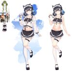 1girl absurdres animal_ears asymmetrical_legwear bare_arms bare_shoulders black_footwear black_hair black_skirt blue_eyes cat_ears collarbone crop_top crop_top_overhang cropped_jacket frilled_skirt frills full_body hair_rings hand_up headdress highres jacket kuroida leg_garter leg_up long_hair long_sleeves looking_at_viewer mary_janes midriff miniskirt multiple_views navel off_shoulder original parted_lips photo-referenced see-through shoes skirt sleeveless standing standing_on_one_leg stomach thighhighs twintails wet wet_clothes white_jacket white_legwear 