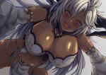  1girl :d bangs blush breasts dark-skinned_female dark_skin detached_sleeves dutch_angle fang fediel_(granblue_fantasy) girl_on_top granblue_fantasy horns huge_breasts lips long_hair midriff navel parted_bangs pelvic_curtain purple_eyes shiny shiny_skin silver_hair simple_background smile solo very_long_hair white_background yude 