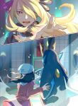  2girls beanie black_coat black_hair blonde_hair blurry coat commentary_request cynthia_(pokemon) dated dawn_(pokemon) empoleon fur-trimmed_coat fur_collar fur_trim grey_eyes hair_ornament hair_over_one_eye hat highres holding indoors kutako_(kutako138) long_hair long_sleeves multiple_girls pokemon pokemon_(creature) pokemon_(game) pokemon_dppt pokemon_platinum red_coat scarf white_headwear white_scarf 