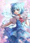  1girl :d blue_bow blue_dress blue_eyes blue_hair blurry blurry_background bow cirno dress eyebrows_visible_through_hair gloves hair_bow highres ice ice_wings index_finger_raised looking_at_viewer one-hour_drawing_challenge open_mouth petals shironeko_yuuki short_hair short_sleeves smile solo standing touhou white_gloves wings 