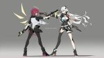  2girls aiming arknights bangs black_footwear black_gloves black_jacket black_legwear blue_eyes closed_mouth crossover dual_wielding exusiai_(arknights) fingerless_gloves full_body gloves grey_background gun halo handgun heterochromia holding holding_gun holding_weapon honkai_(series) honkai_impact_3rd jacket kiana_kaslana kiana_kaslana_(void_drifter) kriss_vector long_hair looking_at_another multiple_girls pantyhose pistol red_eyes red_hair shoes short_hair short_sleeves single_thighhigh sneakers standing submachine_gun thighhighs trigger_discipline weapon white_hair white_jacket wings yellow_eyes z_05 