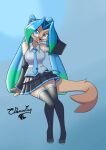  2022 anthro armwear blep blue_eyes blue_hair bottomwear clothing eyewear fan_character female glasses green_eyes green_hair hair hatsune_miku heterochromia hi_res kumi_netusha legwear looking_at_viewer mammal marine multicolored_hair necktie pinniped seal shirt sitting skirt solo thedemonfoxy thigh_highs tongue tongue_out topwear twintails_(disambiguation) vocaloid 