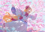  1girl blonde_hair blue_eyes capelet cherry_blossoms dress fairy fjsmu hat highres lily_white long_hair long_sleeves open_mouth outstretched_arms smile solo spread_arms touhou white_capelet white_dress white_headwear wide_sleeves 