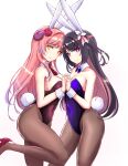  2girls animal_ears bangs bare_shoulders black_hair bow bowtie breasts brown_legwear cleavage closed_mouth collarbone covered_navel curled_horns detached_collar english_commentary eyebrows_visible_through_hair fake_animal_ears fake_tail flower hair_flower hair_ornament high_heels highleg highleg_leotard highres hina_misora holding_hands horns kurari_rose large_breasts legs_apart leotard long_bangs long_hair looking_at_viewer medium_breasts multicolored_hair multiple_girls necktie pantyhose parted_bangs pink_hair playboy_bunny purple_leotard rabbit_ears rabbit_tail red_footwear red_leotard red_necktie rose simple_background slash-ex smile standing standing_on_one_leg strapless strapless_leotard streaked_hair symbol-shaped_pupils tail two-tone_hair virtual_youtuber wactor_production white_background wrist_cuffs yellow_eyes 