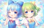  2girls blue_bow blue_dress blue_eyes blue_hair blush bow cirno closed_mouth collared_shirt crescent daiyousei detached_wings dress eyebrows_visible_through_hair fairy fairy_wings green_hair hair_between_eyes hair_bow ice ice_wings long_hair multiple_girls one_eye_closed open_mouth pjrmhm_coa puffy_short_sleeves puffy_sleeves shirt short_hair short_sleeves side_ponytail smile star_(symbol) touhou upper_body white_shirt wings 