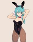  1girl absurdres animal_ears aqua_hair armpits arms_behind_head arms_up ass_visible_through_thighs bangs black_leotard blue_eyes blunt_bangs bow bowtie breasts bulma cleavage cowboy_shot detached_collar dragon_ball dragon_ball_z hair_behind_ear highleg highleg_leotard highres leotard long_hair looking_to_the_side medium_breasts pantyhose playboy_bunny rabbit_ears red_bow red_bowtie rokoido12 simple_background solo standing straight_hair strapless strapless_leotard thighs wrist_cuffs 
