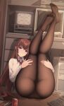  1girl absurdres ass black_legwear blue_eyes blush breasts brown_hair can closed_mouth dutch_angle evening full_body hands_on_own_thighs highres indoors jitome legs_up long_hair long_sleeves looking_at_viewer makise_kurisu panties pantyhose senjouhara_nira sidelocks sitting soda_can soles steins;gate television toes underwear 