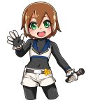  1girl aile_(mega_man_zx) blush bodystocking bodysuit brown_hair gloves green_eyes hair_between_eyes hiru_made_ne-tarou legwear_under_shorts looking_at_viewer mega_man_(series) mega_man_x_dive mega_man_zx microphone open_mouth robot_ears short_hair shorts simple_background skin_tight smile solo spandex waving white_background 