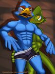  abs absurd_res anthro avian beak bird blush bulge clothed clothed/nude clothing duo falco_lombardi hi_res k9player_(artist) leon_powalski lizard looking_at_another looking_down male male/male mostly_nude nintendo nude open_beak open_mouth reptile scalie smile star_fox underwear video_games 