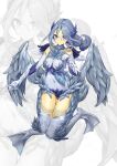  1girl absurdres bangs bird_legs blue_eyes blue_feathers blue_wings blush breasts commentary_request eyebrows_visible_through_hair feathered_wings feathers hair_between_eyes harpy highres long_hair low_ponytail medium_breasts midriff monster_girl navel neck_ruff original partially_submerged shitoi_(aqua1487) solo water webbed_feet webbed_hands wings 