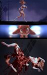  absurd_res anthro blood bodily_fluids breasts cervid death female frostbite80_(artist) gore hi_res mammal night nude open_mouth organs outside running solo tongue tongue_out 