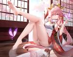  1girl absurdres animal_ears ass bare_legs bare_shoulders barefoot breasts bug butterfly cherry_blossoms cleavage feet floppy_ears fox_ears genshin_impact highres indoors japanese_clothes large_breasts long_hair looking_at_viewer nontraditional_miko panties petals pink_hair purple_eyes qyan sideboob sitting soles thighs toes underwear very_long_hair wooden_floor yae_miko 