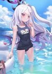  1girl absurdres bangs blue_archive blue_sky blue_swimsuit blurry cloud cloudy_sky collarbone commentary_request ddog depth_of_field highres hina_(blue_archive) horizon in_water innertube long_hair looking_at_viewer name_tag ocean one_side_up parted_bangs purple_eyes school_swimsuit sidelocks sky smile solo sweat swimsuit translation_request whistle whistle_around_neck white_hair wind 