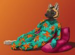  2020 african_wild_dog anthro bodystocking brown_body brown_fur canid canine chastity_device floral_print fur green_eyes grey_body grey_fur hand_on_leg harem harem_outfit kenta_(gaskari) looking_aside male mammal mitokep pillow reclining simple_background solo tan_body tan_fur 