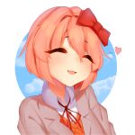  1girl absurdres aqua_eyes bangs blazer blush bow buttons closed_eyes cloud collared_shirt day doki_doki_literature_club hair_bow head_tilt heart highres jacket light_blush light_smile long_sleeves neck_ribbon open_clothes open_jacket open_mouth red_bow ribbon sayori_(doki_doki_literature_club) school_uniform shirt short_hair simple_background sky slepp smile solo spoken_heart wavy_hair white_background white_shirt 