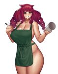  1girl animal_ears apron bangs blunt_bangs blush breasts cinko cleavage copyright_request cup drill_hair green_apron highres holding holding_cup holding_marker huge_breasts iced_latte_with_breast_milk_(meme) looking_at_viewer marker meme naked_apron red_eyes shadow simple_background smile solo twin_drills white_background 