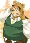  2022 anthro belly big_belly brown_body brown_fur clothing fur hi_res humanoid_hands kemono lifewonders male mammal nazebesu_hobby one_eye_closed overweight overweight_male shirt solo sweater sweater_vest tokyo_afterschool_summoners topwear ursid vest video_games volos 