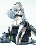 1girl arknights asymmetrical_legwear barefoot blue_background blue_eyes boots bra breasts character_request commentary_request crate croquette_crab hair_over_one_eye headband highres long_hair long_sleeves looking_at_viewer midriff_peek silver_hair simple_background sitting solo underwear white_hair 