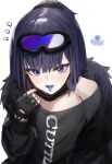  1girl andreana_(arknights) arknights bangs bare_shoulders black_gloves black_hair black_jacket blue_tongue colored_tongue eyebrows_visible_through_hair fingerless_gloves fur-trimmed_jacket fur_trim gloves goggles goggles_on_head hair_between_eyes highres jacket long_sleeves looking_at_viewer notice_lines octopus off_shoulder open_clothes open_jacket ponytail puffy_long_sleeves puffy_sleeves purple_eyes raw_egg_lent shirt simple_background solo tongue tongue_out upper_body white_background white_shirt 