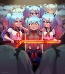  6+girls absurdres bangs blue_hair flaming_sword flaming_weapon grin hair_ornament hand_on_own_cheek hand_on_own_face highres holding holding_sword holding_weapon ii_(peps_art) index_finger_raised long_hair multiple_girls multiple_persona nine_(peps_art) open_mouth original peps_art sailor_collar school_uniform shirt short_sleeves smile suweeka sword teeth twintails weapon white_shirt yellow_eyes 