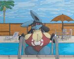  anthro big_breasts breasts chair cleavage clothed clothing cloud female fence furniture hi_res huge_breasts hyper hyper_breasts looking_at_viewer lucario neck_tuft nintendo nooxgard one-piece_swimsuit open_mouth palm_tree patio plant pok&eacute;ball pok&eacute;mon pok&eacute;mon_(species) poolside red_eyes solo swimwear table thick_thighs tree tuft umbrella video_games water wide_hips wooden_fence 