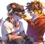  2022 5_fingers anthro brown_hair brown_nose canid canine canis cheetah claws clothed clothing digital_media_(artwork) domestic_dog duo eyewear felid feline fingers glasses hair hoodie male mammal reilukah smile topwear 