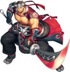  1boy abs alternate_costume anklet bara bare_pectorals beard belt biceps black_hair clothes_lift collared_jacket cropped_jacket facial_hair fighting_stance gauntlets gloves gozu_farm gyee halberd hand_on_weapon headband highres jacket jewelry large_pectorals loincloth male_focus mature_male muscular muscular_male nipples official_art ox_horns pants pectorals polearm sandals sideburns skirt skirt_lift smile solo takashi_(gyee) thick_arms transparent_background weapon white_hair yellow_eyes 