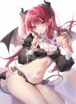  1girl :p bangs black_panties blush breasts closed_mouth crepe crop_top demon_girl demon_horns demon_tail demon_wings eyebrows_visible_through_hair food fruit highres holding holding_food holding_spoon horns irisrey kitagawa_marin leaning_to_the_side long_hair long_sleeves looking_at_viewer medium_breasts navel panties pointy_ears puffy_long_sleeves puffy_sleeves red_hair ribbon rizu-kyun simple_background sitting solo sono_bisque_doll_wa_koi_wo_suru spoon stomach strawberry tail tongue tongue_out underwear white_background white_ribbon wings 