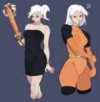  1girl bare_shoulders belt black_dress bodysuit bracelet breasts cropped_legs dress drew_saturday highres holding holding_sword holding_weapon jewelry large_breasts long_hair multiple_views one_eye_closed orange_bodysuit ponytail porqueloin red_nails shadow strapless strapless_dress sword the_secret_saturdays weapon white_hair 