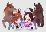  2girls animal animal_ears blue_eyes brown_hair chibi commentary_request ear_ribbon grey_background horse horse_ears horse_girl horse_tail long_hair looking_at_another multicolored_hair multiple_girls n:go open_mouth purple_eyes ribbon running short_hair simple_background special_week_(racehorse) special_week_(umamusume) streaked_hair tail umamusume white_hair 