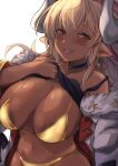  1girl areolae bikini bikini_under_clothes blonde_hair blue_eyeshadow blush choker clothes_lift dark-skinned_female dark_skin draph earrings eyeshadow former_divine_boar_(granblue_fantasy) fur_trim granblue_fantasy highres horns jacket_pull jewelry lips long_hair makeup multicolored_hair navel open_mouth pointy_ears ponytail red_hair shirt_lift smile solo streaked_hair swimsuit upper_body yellow_bikini yellow_eyes yude 