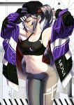  1girl alternate_costume arched_back armpits arms_up bare_shoulders baseball_cap black_bra black_hair bra breasts casual cleavage closed_eyes collarbone cowboy_shot english_text genshin_impact hat jacket loose_clothes medium_breasts midriff mona_(genshin_impact) navel open_mouth pants profile purple_hair simple_background solo sports_bra twintails underwear yamahara 