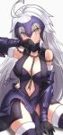  1girl absurdres ahoge armor black_legwear blush breasts chain clothing_cutout elbow_gloves fate/grand_order fate_(series) faulds fur-trimmed_gloves fur-trimmed_legwear fur_trim gloves headpiece highres jeanne_d&#039;arc_alter_(fate) large_breasts long_hair navel navel_cutout silver_hair solo thighhighs vambraces very_long_hair yellow_eyes z.m._(school913102) 