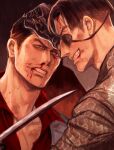  aomi_nekosuki blood blood_from_mouth blood_on_face clenched_teeth grey_jacket highres jacket kiryuu_kazuma knife knife_to_throat majima_gorou male_focus manly nosebleed red_shirt rivalry rivals ryuu_ga_gotoku ryuu_ga_gotoku_0 sadism shirt short_hair snake_print spoilers teeth younger 