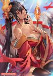  1girl azur_lane bare_shoulders black_hair breasts brown_hair cleavage eyebrows_visible_through_hair hair_between_eyes japanese_clothes kimono large_breasts long_hair magion02 open_mouth red_eyes red_kimono taihou_(azur_lane) 